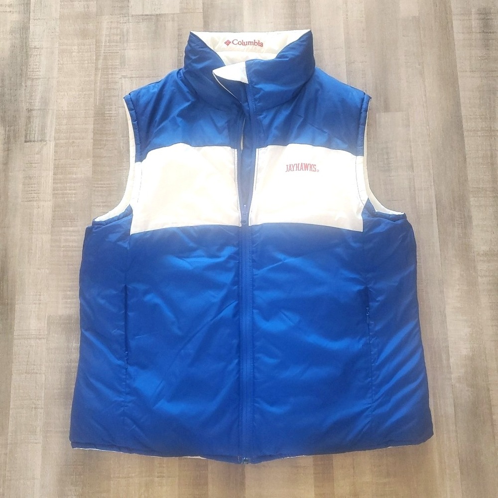 Columbia Puffer Vest Jayhawks Womens Med/Large White Blue Reversible KU VTG
